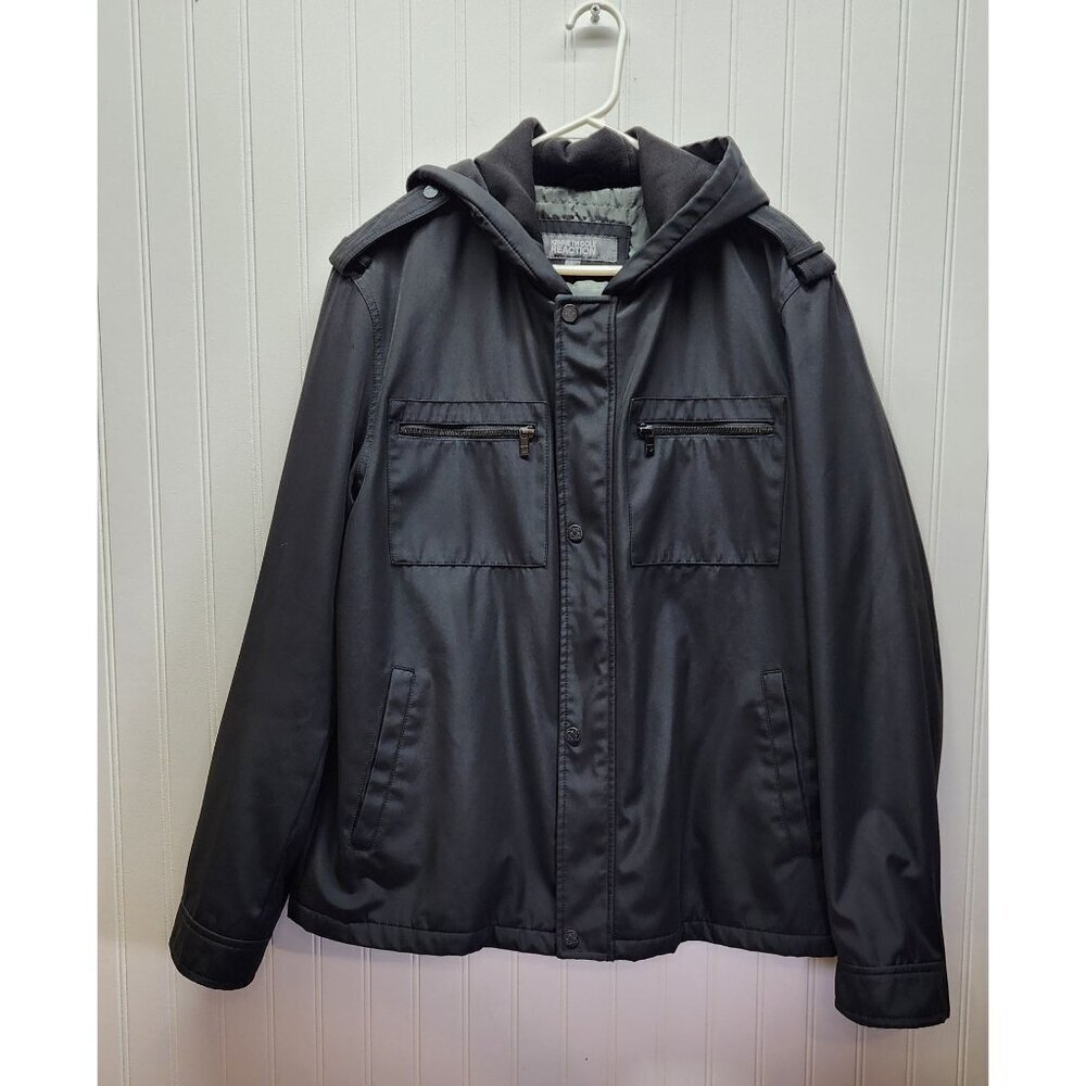 Kenneth Cole Reaction Mens Hooded Black Jacket With Zip & Button Closures Multip